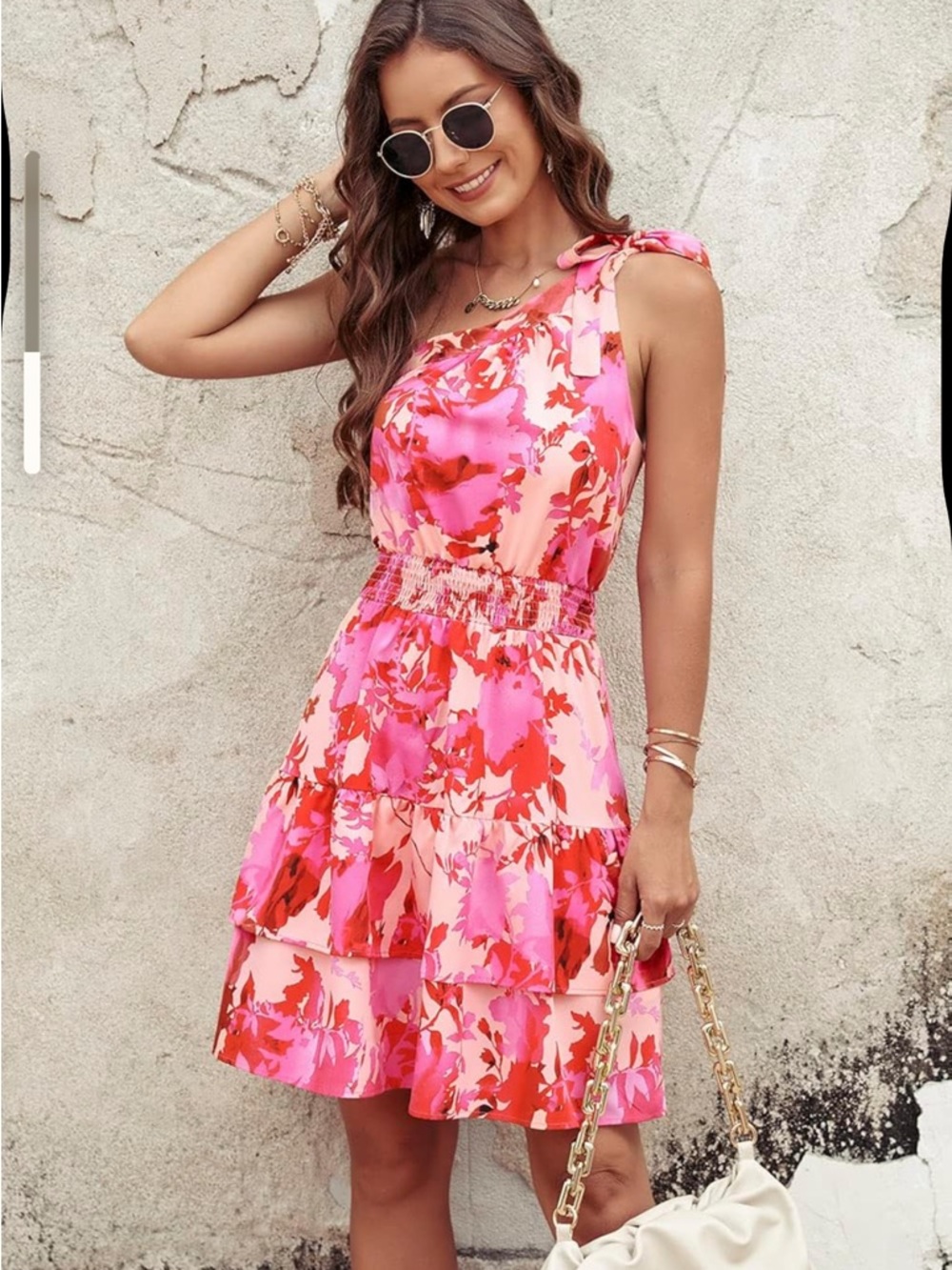 One Shoulder Boho Floral Dress Elastic Waist Tiered Ruffle Flowy Mini Dress